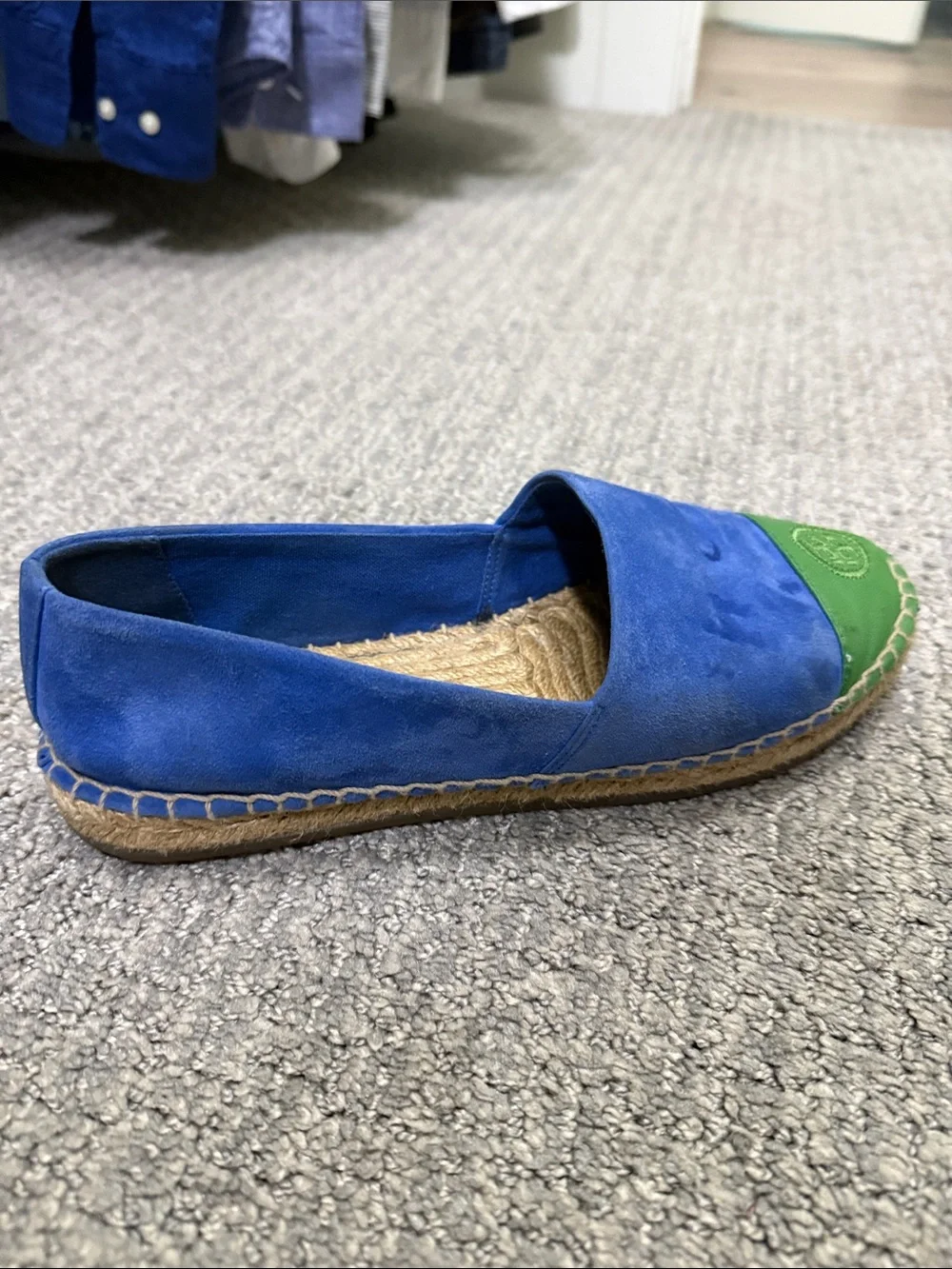 Tory Burch Blue Suede Espadrilles with Green Toe Cap